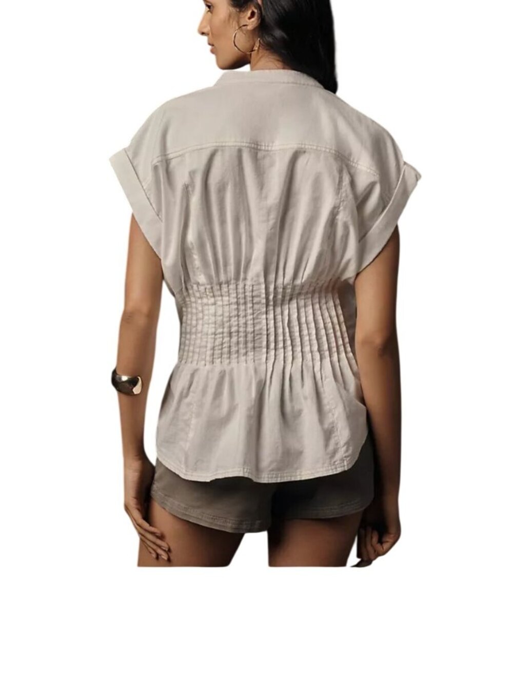 Pilcro White Linen Bld Button-Down Blouse XL Pleated Waist Anthropologie Linden - Picture 2 of 14